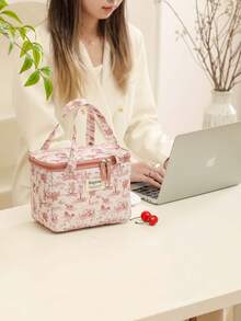 1pc Pink Ru Yi Print Insulated Lunch Bag, Portable Bento Bag For Office Workers , Lunch Bag For Women Work - Multicolor - View 1