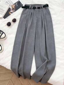 Pantalones anchos casuales y sueltos para mujer con bolsillos, decoración de cinturón en la cintura, diseñados para mujeres, adecuados para negocios, oficina, uniforme de maestro, uso casual versátil de moda, pantalones anchos para ir y venir, aptos para primavera, verano y otoño - Gris - Ver 6