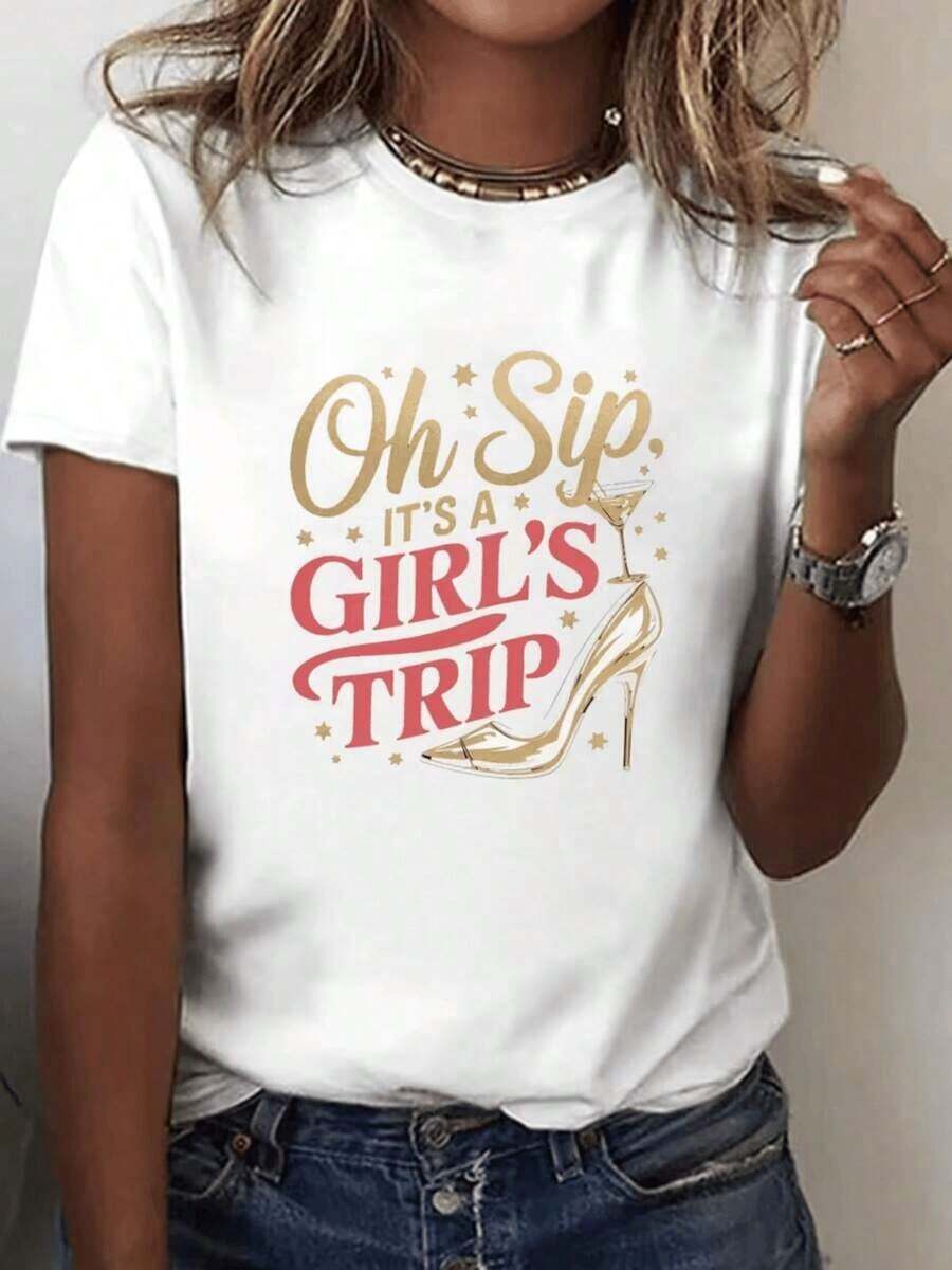 Women's Travel Print T-Shirt "Oh Drink! Thirsty" - Short Sleeve, Round Neck, Summer And Spring Blouse For Casual Outfits, Travel And Loose Wear - Comfortable Machine Washable Drink-Themed Top - 白色 - 查看 1