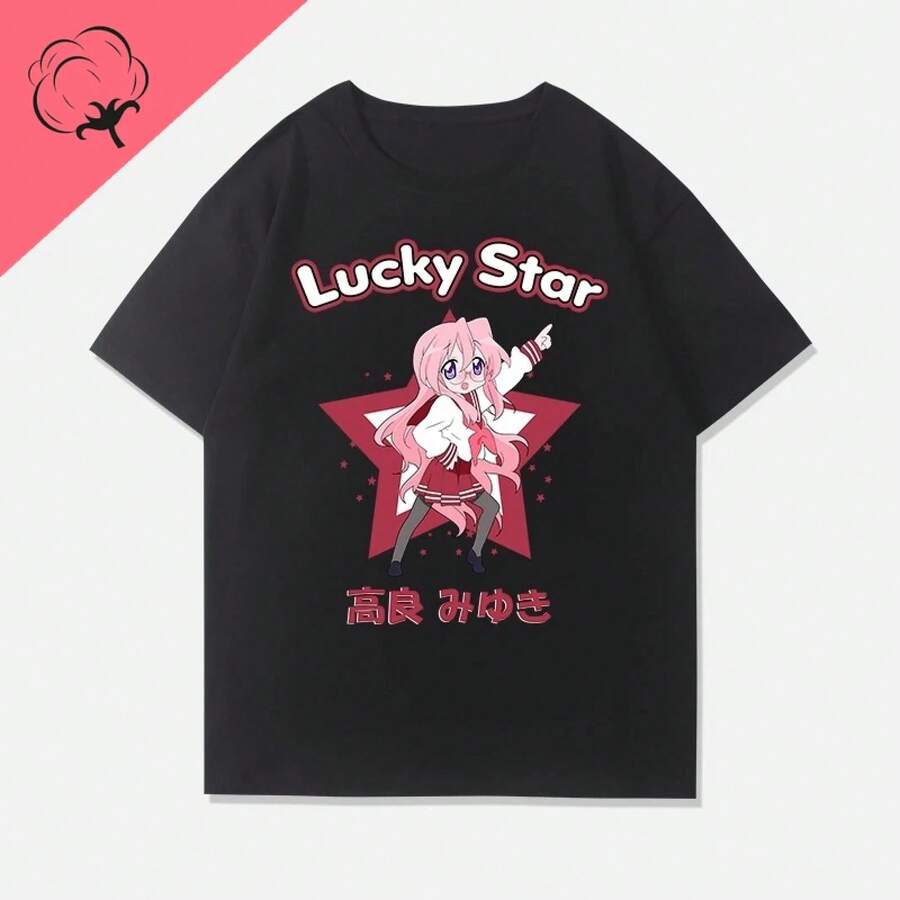 Camiseta de Anime Lucky Star Konata, Camiseta de Algodón en Oferta, Ropa Y2k de Cómics, Camiseta con Estampado Estético de Izumi Kagami, Tops de Manga - Negro - Ver 1