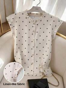 Blusa de mujer con cuello redondo, sin mangas, abotonada, con volantes y estampado de lunares vintage francés, versátil para ir al trabajo, tomar el té por la tarde o uso diario - Multicolor - Ver 1