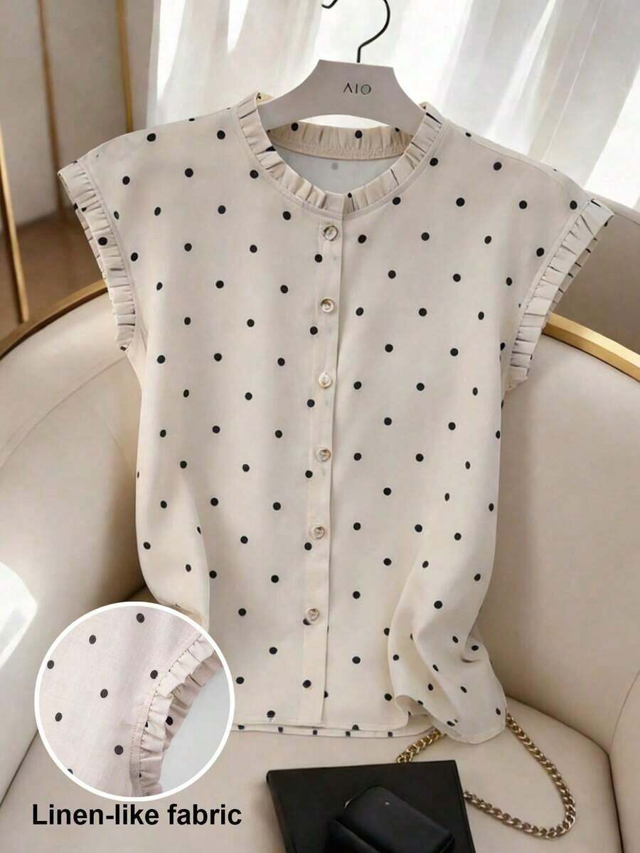 Blusa de mujer con cuello redondo, sin mangas, abotonada, con volantes y estampado de lunares vintage francés, versátil para ir al trabajo, tomar el té por la tarde o uso diario - Multicolor - Ver 1