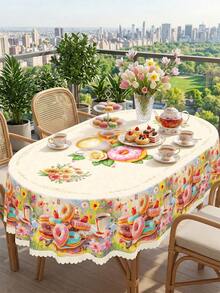 1 Piece Of Colorful Donut And Coffee Printed Tablecloth, Sweet Pastry Style Polyester Oval Tablecloth With Hot Edges, Washable And Wrinkle Resistant Tablecloth, Suitable For Kitchen And Dining Rooms, Tea Parties, Birthday Celebrations, Bridal Showers, Summer Kitchen Supplies, And Home Dining Table Decoration. - Multicolor - View 12