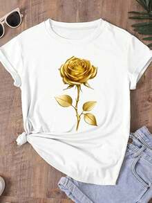 White Printed Cotton T-Shirt With Large Gold Rose Flower Print, Simple and Stylish, Suitable For Summer - Vitt - Visa 1