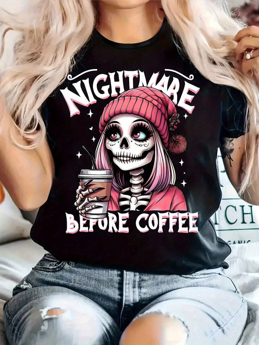 1 Women's "Coffee Night" Skull Print T-Shirt - Tim-Inspired Gothic Art Print, Short Sleeve T-Shirt With Elasticated Round Neck, Comfortable Fit For All Seasons, Suitable For Casual Wear And Themed Events, Fun Pop Culture Clothing, Machine Washable, 180g 100% Cotton. - 黑色 - 查看 1