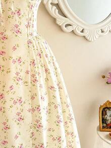 Vestido elegante vintage de mujer con bolsillos, con Body fruncido con estampado floral diminuto, tirantes de espagueti, vestido casual para fiesta, vacaciones y verano, vestidos de verano para mujer, vestido de graduación, vestido de cumpleaños, vestido de boda para invitada, vestido de primavera para mujer, vestido de vacaciones para mujer - Albaricoque - Ver 9