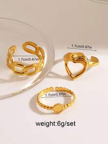3pcs/Set Stainless Steel 18K Gold Plated Personalized Geometric Heart Rings Set, Suitable For Women's Daily And Party Wear High-End Jewelry - Yellow Gold - View 5