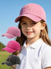 1pc Girls' Bow Embroidered Baseball Cap, Adjustable Sun-Shading Casual Hat, Cute & Playful Style Children's Baseball Cap Suitable For Outdoor & Daily Wear, Spring/Summer - 1 PC Bow - View 1