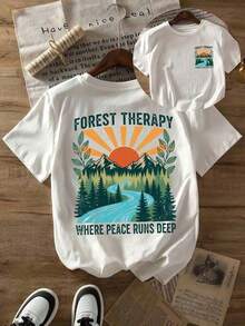 1 Piece StylishWo Short-Sleeve Casual T-Shirt - Sunrise Mountain Design And Forest Healing Pattern | Lightweight Crew Neck, Suitable For Spring And Summer, Casual Wear. | Subtle Print T-Shirt | Soft Textured Forest-Themed T-Shirt - Women's Vacation Wear. This Women's T-Shirt Is Made Of Breathable Cotton, Perfect For All-Day Comfort. - 白色 - 查看 7