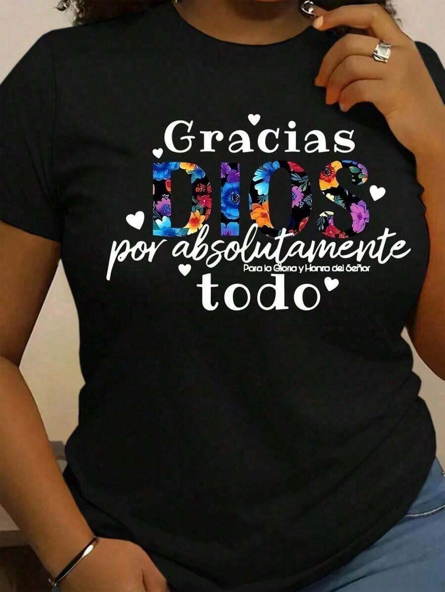 Women's Floral Print Short Sleeve T-Shirt - "Thank You God For Absolutely Everything" Spanish Prayer, Vibrant Pink With Colorful Flowers And Hearts, Comfortable And Casual Fabric, Spring Summer Autumn Fashion Essential - 黑色 - 查看 1