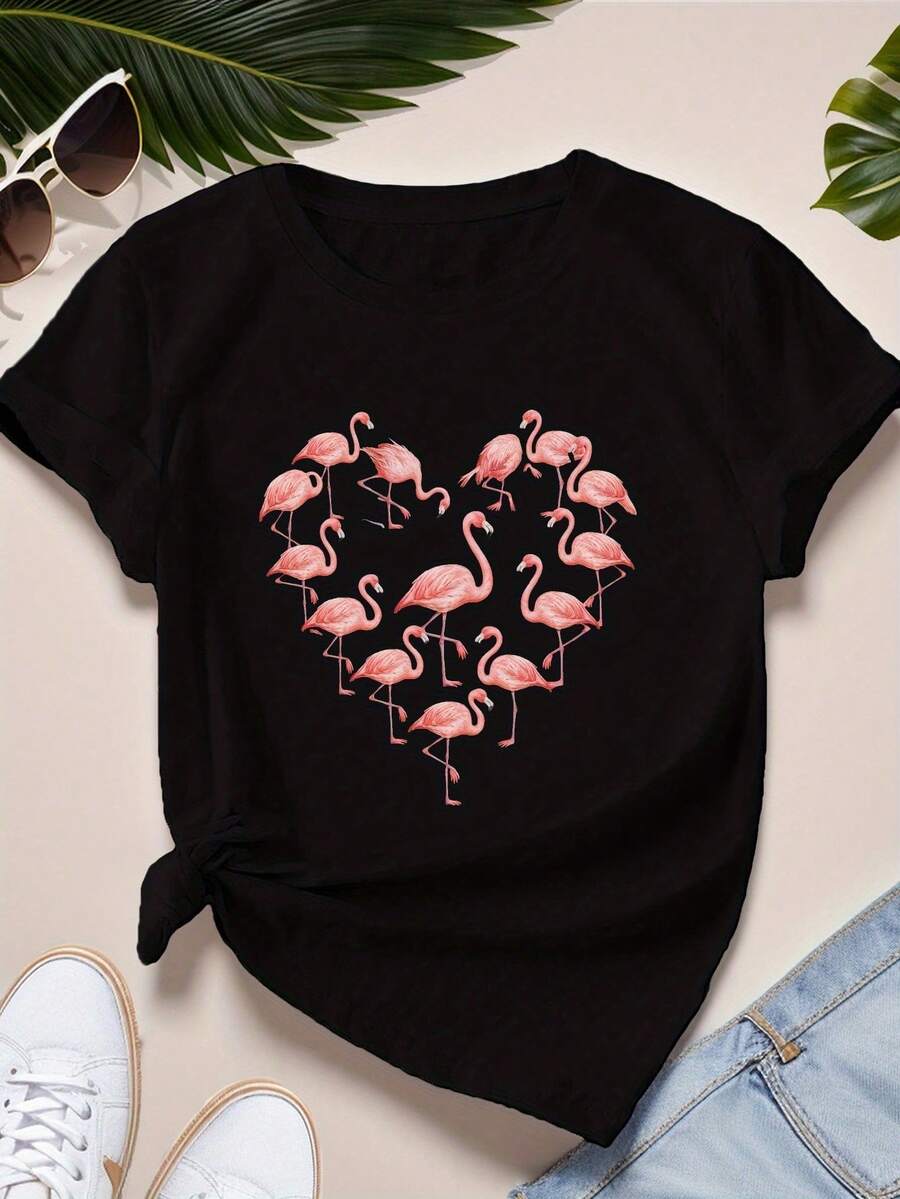 Camiseta de mujer con diseño de flamenco en forma de corazón, camiseta deportiva de manga corta para mujer de talla grande. - Negro - Ver 1