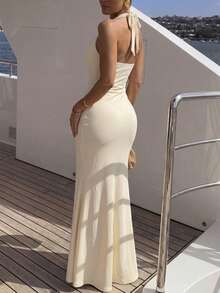 Perirose Women's White Elegant Halter Deep V-Neck O-Ring Backless Bodycon Maxi Dress Summer Fall Evening Outfit For Bridal Shower Fall Wedding Party - Light Yellow - View 2