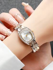1 pieza Reloj de cuarzo con incrustaciones de rhinestone para mujer, esfera con números romanos, reloj de lujo, regalo para amigos (1 pieza/set) No incluye caja de reloj - Multicolor - Ver 2