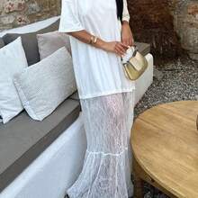 Women's Round Neck Contrast Lace Dress, Sexy Casual Knitted Fabric Dress, Spring/Summer Elegant White - Negro - Ver 5