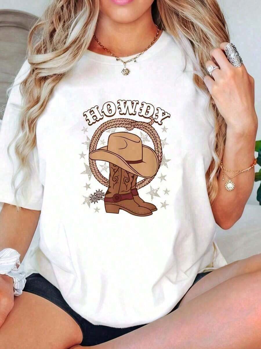 Conjuntos Western Suaves para Mujer 100% Algodón Unisex - Botas de Vaquero, Sombrero, Camiseta Texas Rodeo Country Western - Conjuntos de Verano para Oficina para Mujer, Conjuntos de Vacaciones para Mujer, Ropa Vintage para Mujer, Conjuntos de Vacaciones para Mujer, Ropa de Verano para Mujer, blusas casuales, playeras de mujer algodón - Blanco - Ver 1