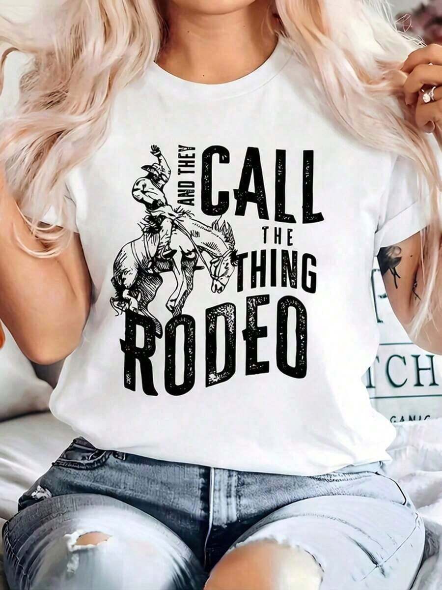Women's Clothing Women's Rodeo Print Short Sleeve T-Shirt, Comfortable, Breathable, Slim Fit Graphic Design, Western T-Shirts, Graphic Tees, Summer T-Shirts, Casual T-Shirts, Summer Tops, Summer Sets For Women, Women's Shirts - 白色 - 查看 1