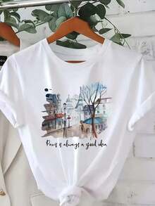 Casual T-Shirt: Women's Casual Shirt With Landscape Print: A Soft And Breathable Short-Sleeved, Crew-Neck Blouse Featuring The "Paris Is A Good Idea" Design, Perfect For Casual Outings And Outdoor Activities. Made From Breathable 180 G/M² Fabric. 100% Durable Cotton - 白色 - 查看 7