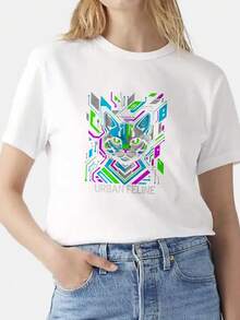Women's Casual Summer T-Shirt With A Premium Urban Cat Design. Featuring An Abstract Geometric Pattern, It's The Perfect Gift For Cat Lovers. . - 白色 - 查看 4
