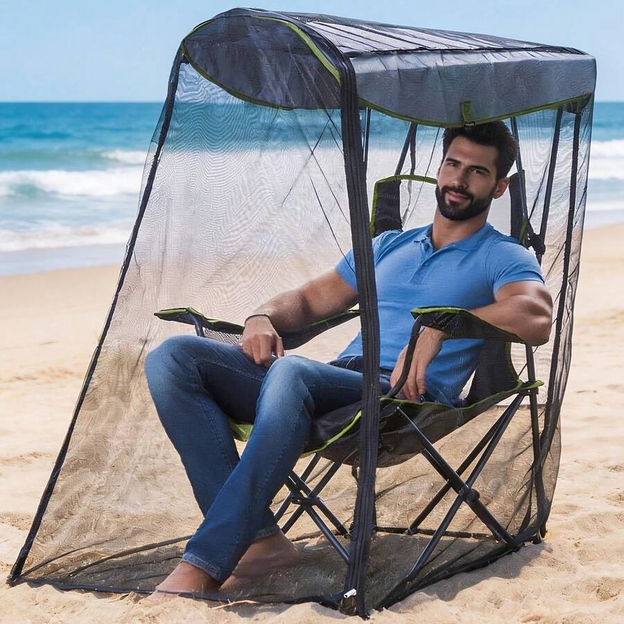 1 pieza Silla de camping y pesca al aire libre con red antimosquitos, red a prueba de insectos con apertura con cremallera, adecuada para pesca, camping, playa, suministros antivectoriales al aire libre, con bolsa de almacenamiento de diseño compacto, silla de camping portátil con red antimosquitos, red de sombra transpirable, red antimosquitos para gazebo moderno, regalo ideal para entusiastas del camping y la pesca - Multicolor - Ver 1