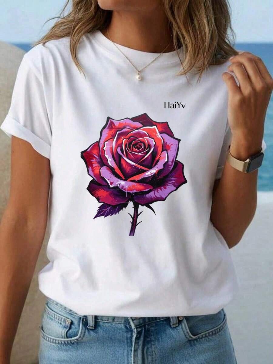 Limited Time Offer, Limited Quantity Available, Flash , Women's Shirts, Women's T-Shirts. Women's Oversized Black T-Shirt, Short Sleeve Round Neck, Purple And Red Graffiti Rose Print, Dark Romantic Casual Style For Everyday Wear - 白色 - 查看 1