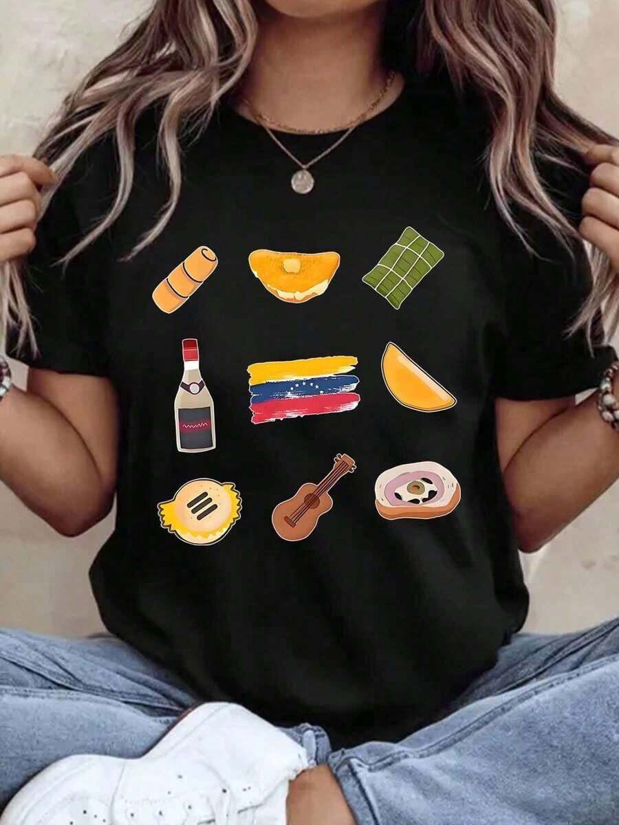 Women's Cotton T-Shirts Venezuelassss Culture Food And Music T-Shirt With Arepa Empanada Plantain Flag Rum And Guitar Design For Venezuelassssn Pride Festival Celebration And Daily Wear, Basic Women's Blouses - 黑色 - 查看 1