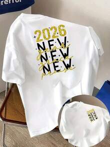 New 180gsm Short-Sleeved T-Shirt, 1% Cotton, With Front And Back Prints - New Year 2026, Gold Glitter - Fashionable Printed T-Shirt For Women, Your Best Choice! - Suitable For Layering In Spring And Autumn, And For Wearing Alone In Summer, Unisex Style. - 白色 - 查看 1