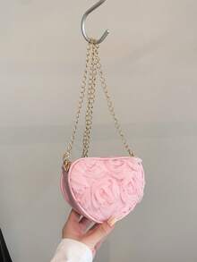 Bolso con forma de corazón de flor de encaje 3D, bolso de hombro y bandolera multifuncional dulce y único con cadena - Rosa - Ver 5