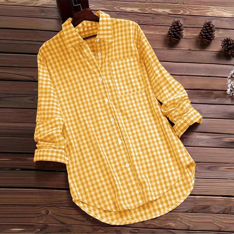 Camisa Casual Vintage de Manga Longa 100% Algodão Xadrez para Mulheres, Primavera/Verão - Amarelo - Visão 3