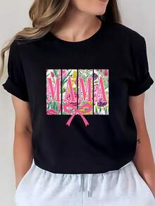 Women's T-Shirt With Round Neck And Floral Bow MAMA, A Gift For Mother's Day And Family Outings, 180G Summer Casual T-Shirt - Unisex Loose Cotton Short Sleeve Round Neck T-Shirt Vintage Urban Style. - 黑色 - 查看 7