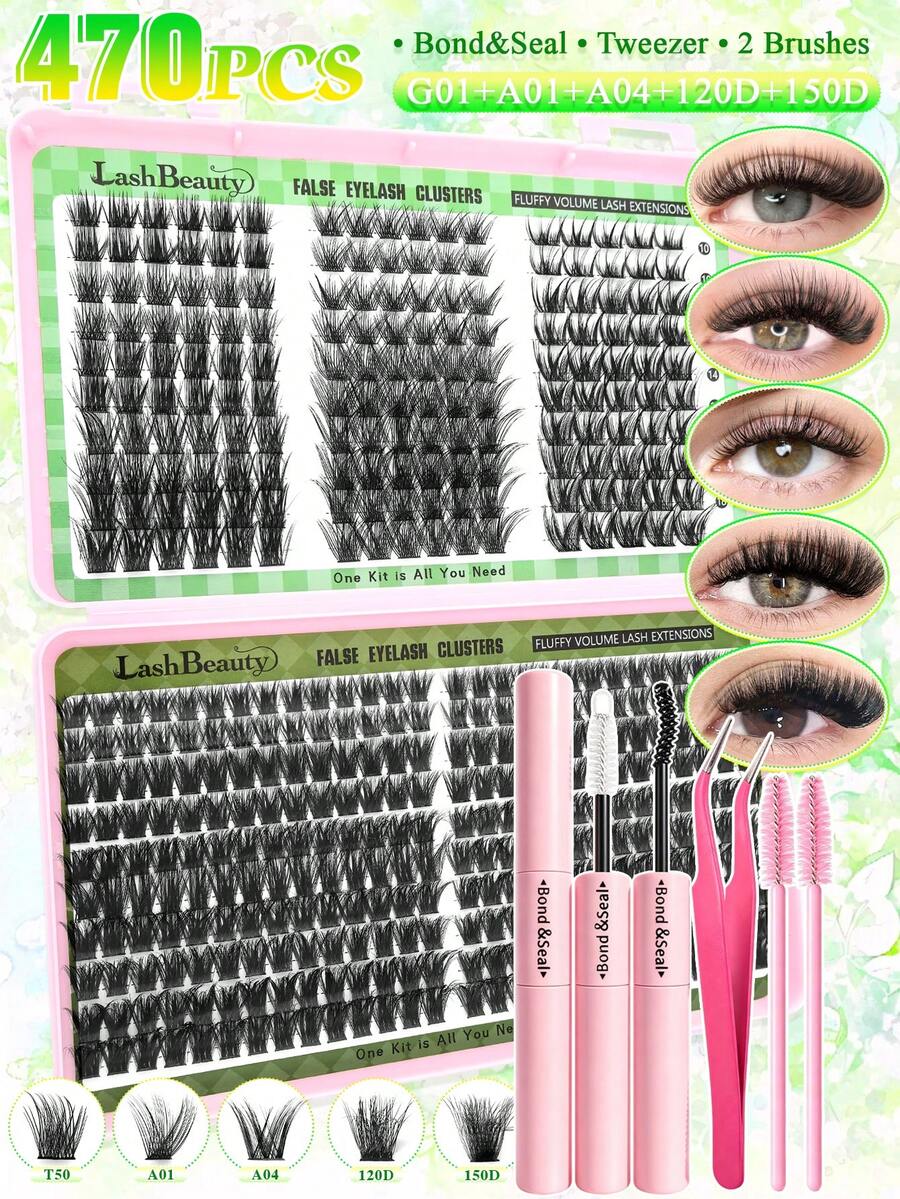 Eimny 450 piezas Kit de extensión de pestañas DIY - 4 estilos de pestañas en racimo de dibujos animados y ojos de gato | Pestañas individuales D-Curl de 10-16 mm | Pestañas postizas esponjosas y segmentadas 3D | Set profesional reutilizable de racimos de pestañas, adecuado para uso diario, citas y fiestas - Multicolor - Ver 1