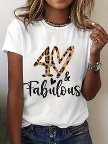 Women's 40th Birthday T-Shirt With Leopard Heart Print And Cursive Lettering, White, Short Sleeve, Round Neck, Casual Style, Aesthetic Clothing - Urban Vintage Style, Unisex, Loose Fit, Cotton, Short Sleeve, Round Neck - 白色 - 查看 2