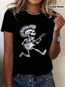 Women's Creative Rock Style Short Sleeve T-Shirt - Guitarist Skull Print Design, Comfortable And Breathable, Easy To Match Casual Crew Neck Top, Polyester Blend, Suitable For All Seasons, Available In Various Colors And Sizes, Perfect For Festivals - 黑色 - 查看 1
