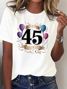 Celebrating The 45th Anniversary, Birthday Gift For Women, Comfortable Solid Color T-Shirt, Elegant Party Outfit, T-Shirt For Elegant Ladies, Blouses Suitable For Curvy Women, Casual Wear, Cool And Sweat-Free Summer Clothes, Fun Letter Print - 白色 - 查看 6