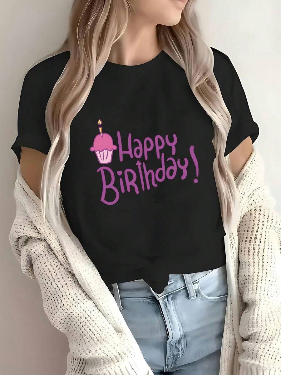 2026 New Women's Casual Short Sleeve Printed T-Shirt, Round Neck, Slightly Elastic, New Spring/Summer Style, Comfortable, Super Soft, With Embossed Cartoon Animal Character, Size A, Beautiful Gift. Elegant Party Outfit, T-Shirt For Elegant Ladies, Blouses Suitable For Curvy Women, Casual Wear, Cool And Sweat-Free Summer Clothes, Fun Letter Print - 黑色 - 查看 1