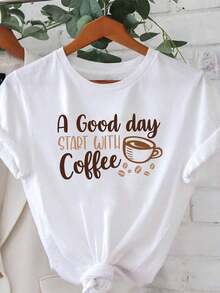 Plus Size Women's T-Shirt - Plus Size - Plus Size Women's T-Shirt With Graphic Print "A Good Day Starts With Coffee", Short Sleeve, Round Neck, Casual Top For Summer And Spring, Women's Clothing - 白色 - 查看 1