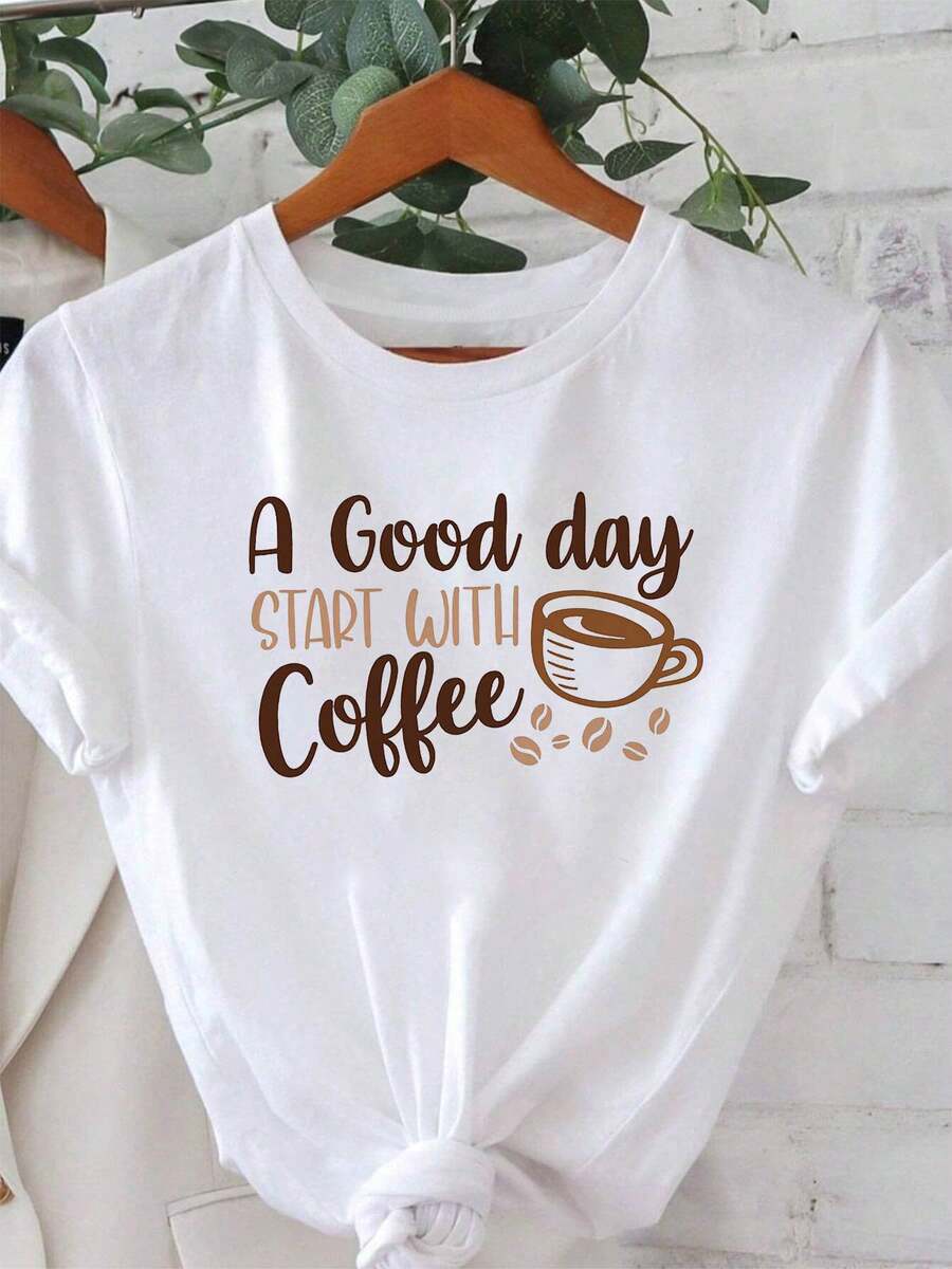 Plus Size Women's T-Shirt - Plus Size - Plus Size Women's T-Shirt With Graphic Print "A Good Day Starts With Coffee", Short Sleeve, Round Neck, Casual Top For Summer And Spring, Women's Clothing - 白色 - 查看 1