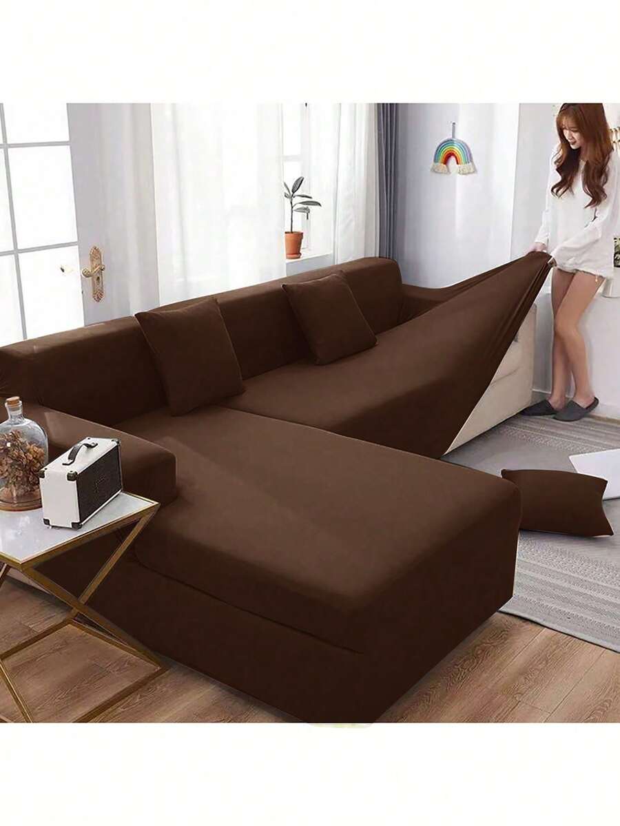 1pc Solid Color Latex Silk Elastic Sofa Cover, Modern All-Season One-Piece Full Coverage Sofa Protector, Pet-Friendly Machine Washable Sofa Cover, Pet-Friendly Home Decor, 1-Seater, 2-Seater, 3-Seater, 4-Seater - Dark Brown - View 1