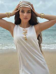Sleeveless Dress With Round Neck And Zipper, Elegant Summer Style 2026 For Women - 白色 - 查看 3