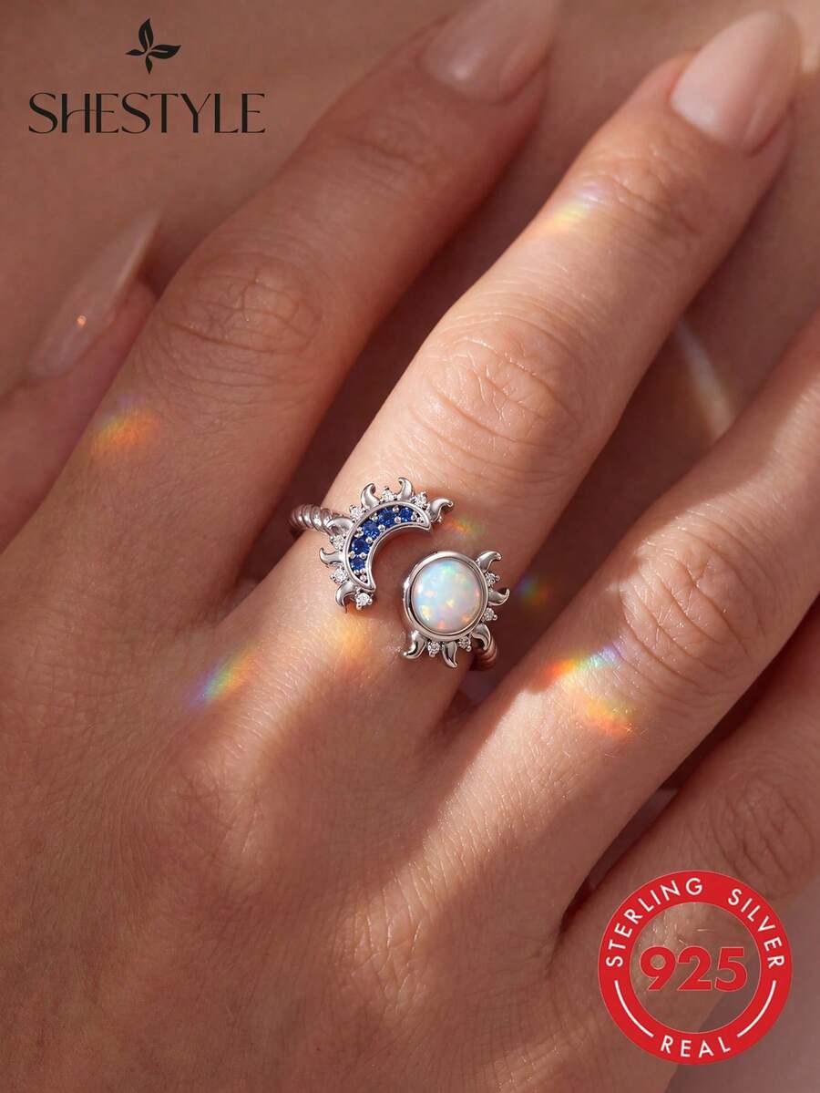 1枚925纯银闪亮日月开口戒指,优雅女士礼物,适合约会、派对、周年纪念等场合 - 日月 - 查看 1