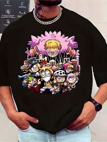 T-shirt noir à manches courtes orné d'un personnage du dessin animé One Piece, haut décontracté pour femmes et hommes - Noir - Voir 5