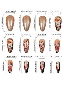 Brown Flowers Press On Nails Medium Square Fake Nails With Gold Charm Floral Design False Nails Autumn And Winter Floral Leaves Stick On Nails For Women Girls Nail Decoration 24Pcs - Multicolor - View 4