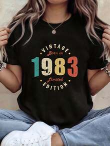 Women's Limited Edition Vintage T-Shirt 1983 - Short-Sleeved Crew Neck T-Shirt With Retro "Born In '83" Lettering Print, Medium-Stretch Casual Blouse Suitable For Spring And Summer, Machine Washable, Retro Clothing. Women's Casual Printed T-Shirt, Short Sleeves And Crew Neck, Local Spring/Summer Streetwear. - 黑色 - 查看 1