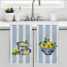 2 buah Handuk Dapur Motif Bunga Biru & Putih Lemon Afternoon Tea, Latar Belakang Bergaris, Handuk Dapur Serat Super Lembut Persegi Panjang, Kain Lap Piring, Kain Pembersih, Handuk Tangan, Handuk Teh untuk Memasak & Memanggang, Dekorasi Dapur, Hadiah Pindah Rumah & Ulang Tahun, Tisu Pembersih Kamar Mandi, Handuk Dekoratif - MultiWarna - View 10