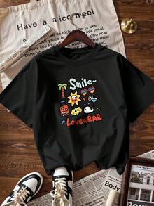 Summer Cartoon T-Shirt With "Smile~" Text, Fashionable Short-Sleeved T-Shirt For Spring And Summer 2026, Made In Mexico, 180 Grams. Cartoon Print, Couple Design, Suitable For Indoor Or Outdoor Wear. Crew Neck, Unisex, Ideal For Office And Leisure. One-Pack. - BK-P631577SLNDXZGY595 - 查看 4