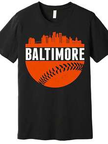 High Quality Men's Black T-Shirt, Casual And Fashionable Style 2026, Vintage Summer Eid T-Shirt, Classic Baseball And Baltimore Skyline Print T-Shirt, Urban Style, Round Neck, Loose And Comfortable, Ideal For Men, Easter, Suitable For Home, Office, Parties, Meetings, Travel. - 黑色 - 查看 1