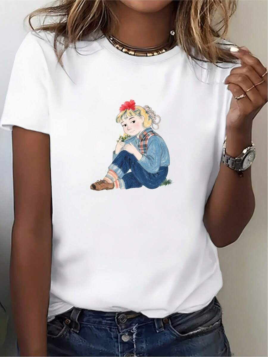 Blusa Casual para Mujer, Estilo Simple para Uso Diario, Verano, Diversión Familiar, Camiseta Estampada para Mujer - 180G, con ilustraciones adorables, perfecta para picnics de empresa y regalos navideños. Top de Manga Corta Cómodo, Suave y Sencillo para Uso Diario. - Blanco - Ver 1