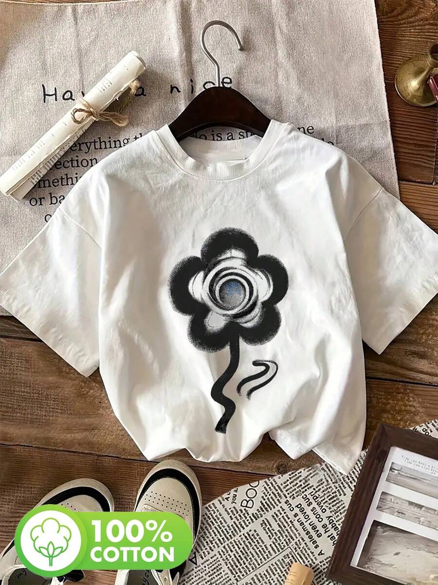| Exquisite Design | Loose And Comfortable | Easy To Match | Short-Sleeved, Round-Neck Printed T-Shirt, Casual Spring And Summer Top, Women's Clothing. - Putih - View 1