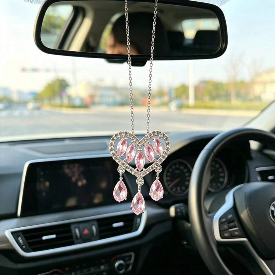 1 pieza Adorno colgante con forma de corazón de strass y borla para espejo retrovisor, accesorio interior de coche - A - Ver 1