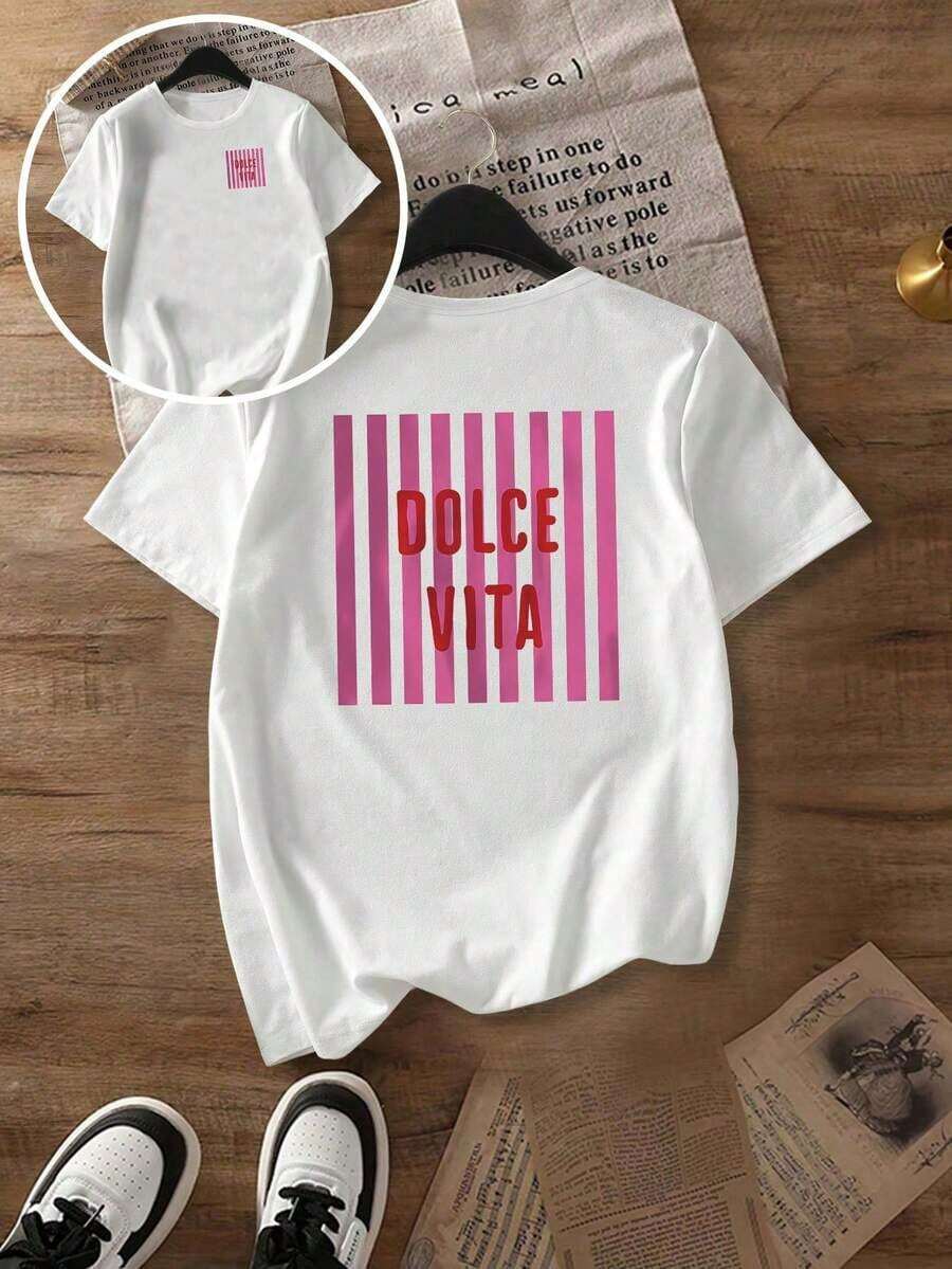Short-Sleeved T-Shirt With Round Neck, Striped And Lettered, Versatile And Casual, Unisex Summer, Suitable For Casual Daily Outings, Short-Sleeved Summer Top, Retro Y2K Print T-Shirt. - White - View 1