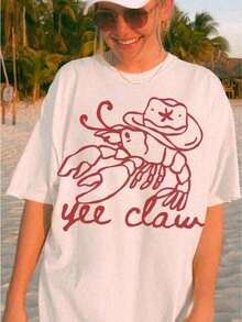 Suave Yee Claw Shirt, Camiseta de Vaquero Estilo Western con Langosta, Camiseta Gráfica Retro Western, Camiseta de Rodeo con Estética de Pescador, Camiseta Estilo Country y Playa, Camisetas Gráficas Divertidas de Talla Grande para Hombres y Mujeres, Camisetas Casuales de Cuello Redondo y Corte Holgado - Tops de Verano para Mujeres - Nuevos Conjuntos de Verano para Mujeres - Conjuntos de Vacaciones para Mujeres, blusas casuales, playeras de mujer algodon - Blanco - Ver 2